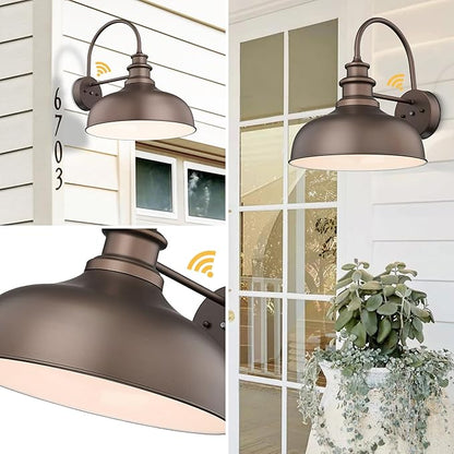 Bestshared Dusk to Dawn Gooseneck Barn Lights 16 Inch Dome Anti-Rust Farmhouse Outdoor Wall Sconce Outside Wall Mount Lighting Fixture Front Door Lantern Lamp for Patio(ORB+White,16” Dome-2Pack)
