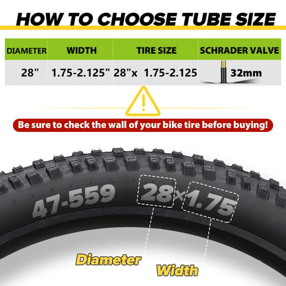 Hydencamm 2 Pack 28 Inch Inner Tube Fit 1.75/1.95/2.125 with 32mm Schrader Valve, 28×1.75/2.125 with 2PCS Levers, 28” Bicycle Inner Tube Compatible with Kids/Road Bikes (2 of One Size)