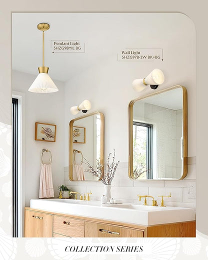 Wall Sconces Set of Two, HWH 14.3 Inch Black and Gold Bathroom Sconces with Frosted Milk White Striped Glass, Up Down Modern Wall Light fixtures for Living Room Bedroom, 5HZG97B-2W-2PK BK+BG