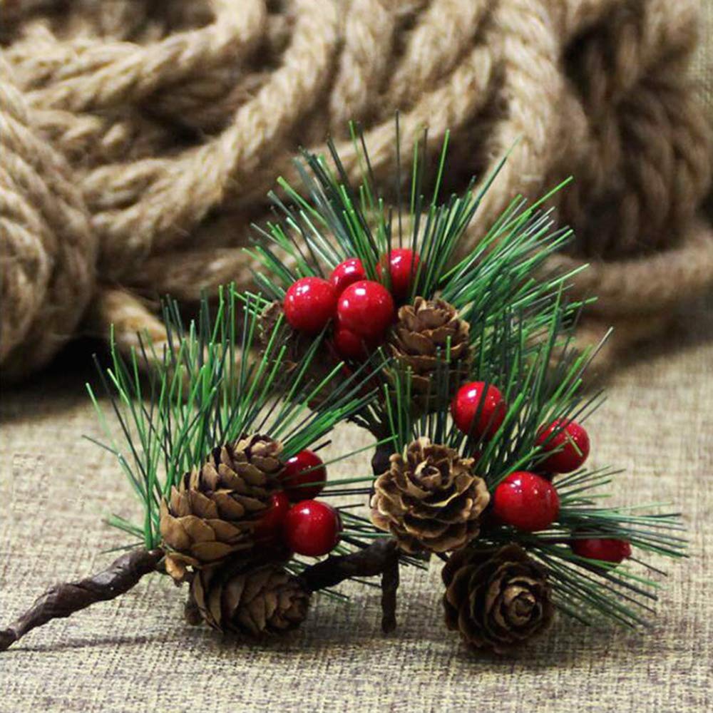 BLEBRDME 20PCS Artificial Pine Picks Small Pine Tree Plants Red Pinecones for Christmas Flower Arrangements Wreaths and Holiday Decorations