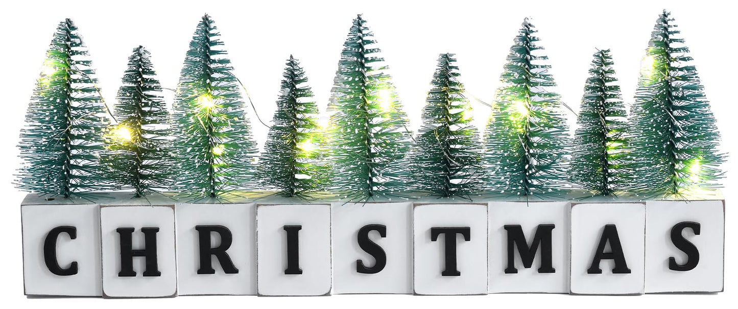 LED Lighted Christmas Tree Tabletop Decoration, Rustic Wooden Christmas Decor with Mini Trees, Xmas Sign Block Table Farmhouse Winter Holiday Centerpiece for Indoor Mantel, Shelf (Green)