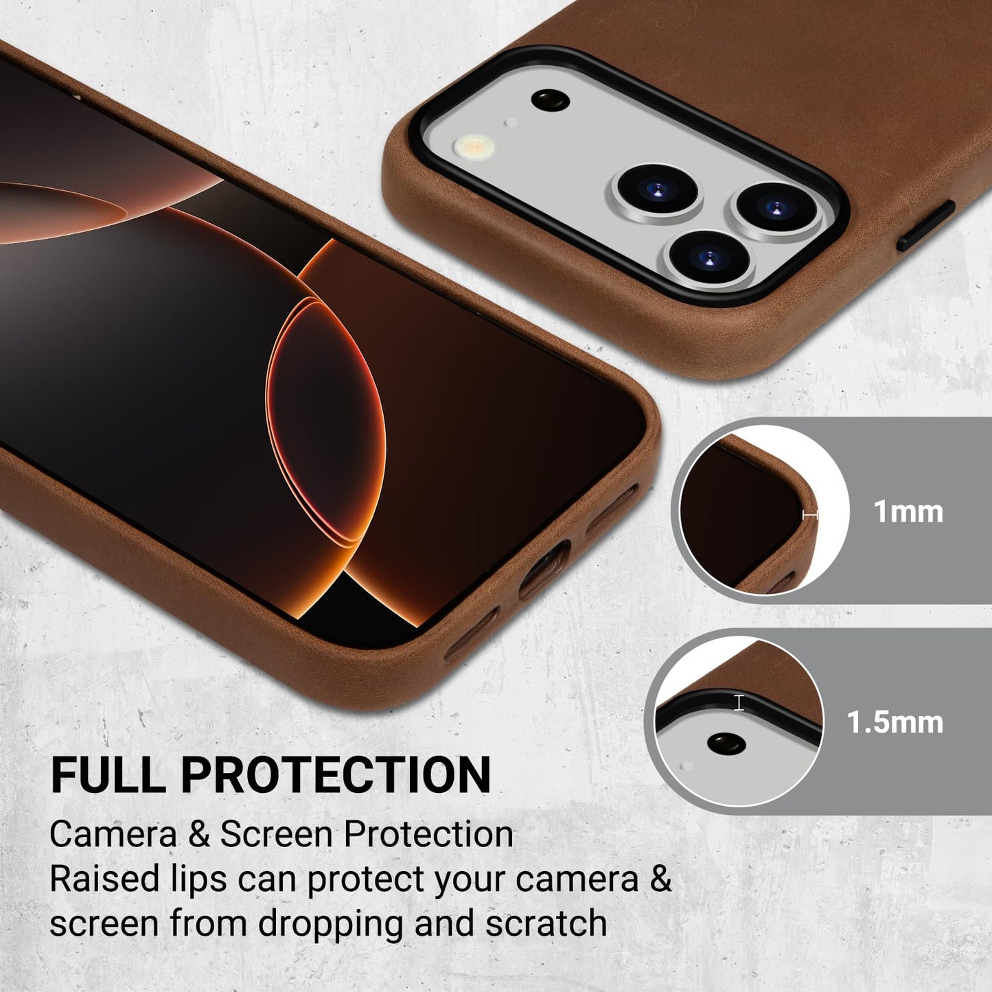 Belemay Handcrafted Crazy Horse Leather Case for iPhone 17 Pro, Compatible with MagSafe, Vintage Aesthetic, Two-Tone Effect, Unique Patina, Camera Control Button, Metal Buttons (6.3"), Vintage Brown