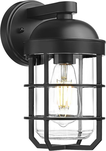 Emliviar 1-Light Outdoor Wall Sconce, Metal Cage Industrial Exterior Wall Light Fixture, Clear Tempered Glass with Black Finish, GE255BL BK