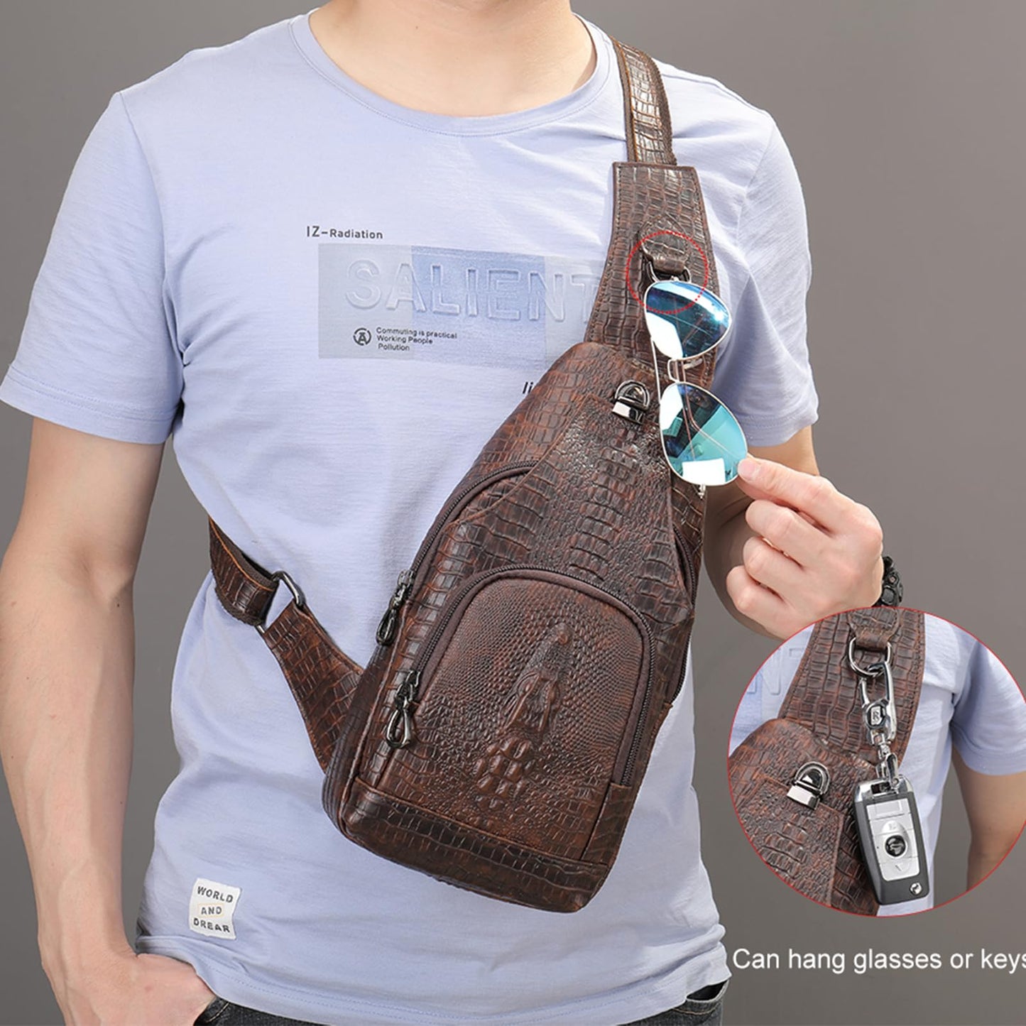 NIUCUNZH Crocodile Pattern Leather Sling Bag with Leather Strap, Zipper Crossbody Shoulder Bags Purse for Travel Hiking Brown