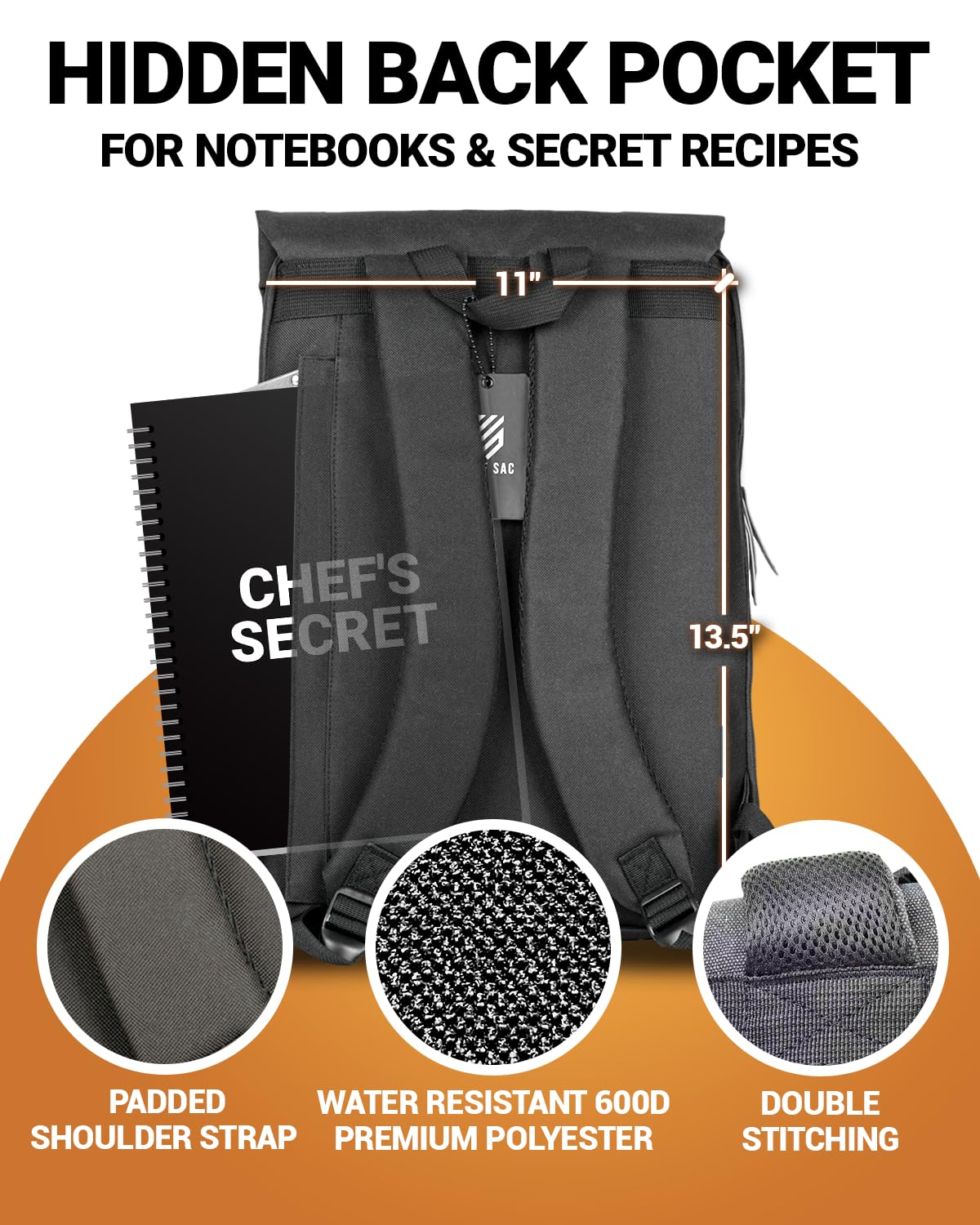 Chef Knife Bag Vintage Backpack VINTAGE, Professional Knife Carrying Case for Chefs & Culinary Students, 30+ Pockets, Holds 10" Knives, Water-Resistant 600D Material (Night Black)