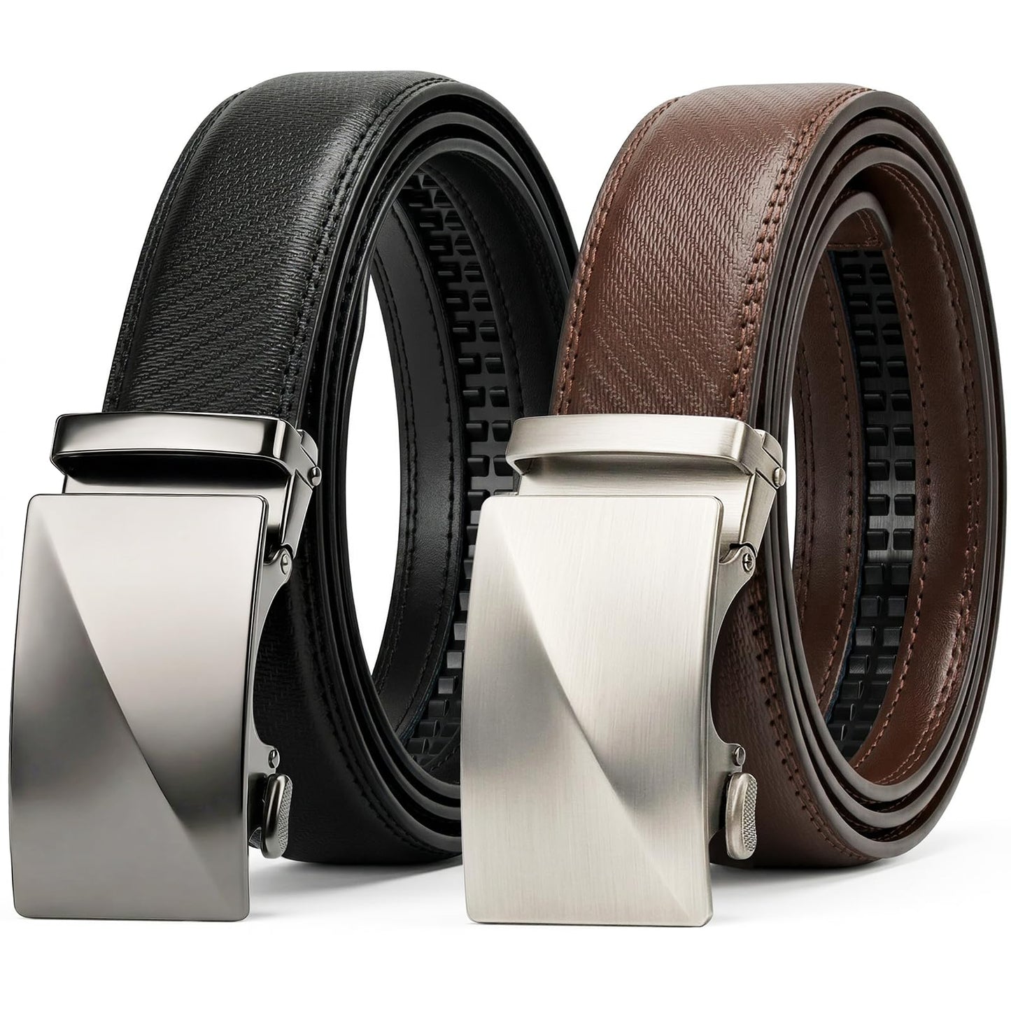 QVGFCTB Mens Belt 2 Pack, Leather Ratchet Belts for Men - Adjustable Trim to Fit Holeless Click Buckle for Dress, Casual & Jeans, 1 3/8"