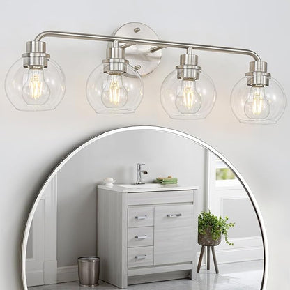 Bathroom Light Fixtures Brushed Nickel Vanity Light Silver 4 Light Modern Wall Sconces Lighting Bathroom Lights with Globe Glass Shade Bath Wall Lights for Mirror Kitchen Living Room Hallway 27 Inch