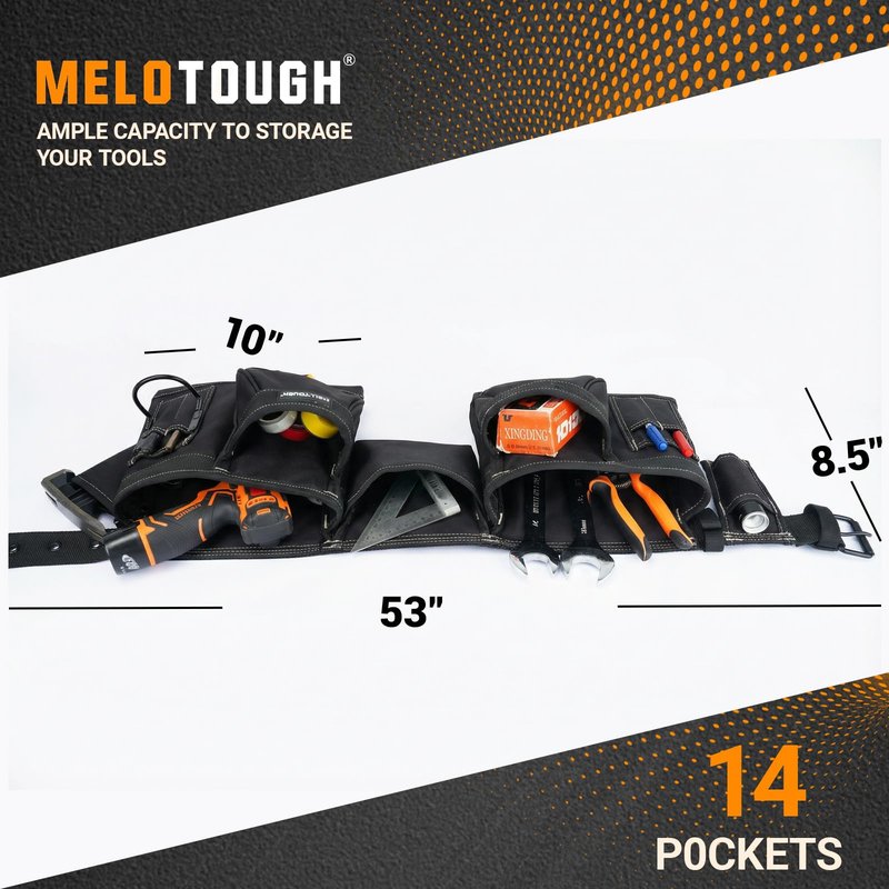 MELOTOUGH 14-Pocket Tool Belt Combo with Pouches for Electrician & Carpenter, Heavy Duty Adjustable Work Utility Belt for Men, Industrial-Grade Tool Rig Organizer, Work Apron（Black）
