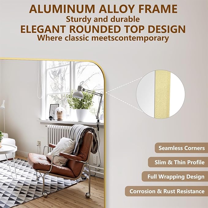 Koonmi Full Length Mirror, 86"x40" Mirror Full Length with Stand, Gold Domed Top Square-Edged Floor Mirror with Aluminum Alloy Frame for Bedroom Living Room