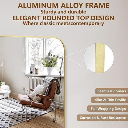 Koonmi Full Length Mirror, 76"x34" Mirror Full Length with Stand, Gold Domed Top Square-Edged Floor Mirror with Aluminum Alloy Frame for Bedroom Living Room