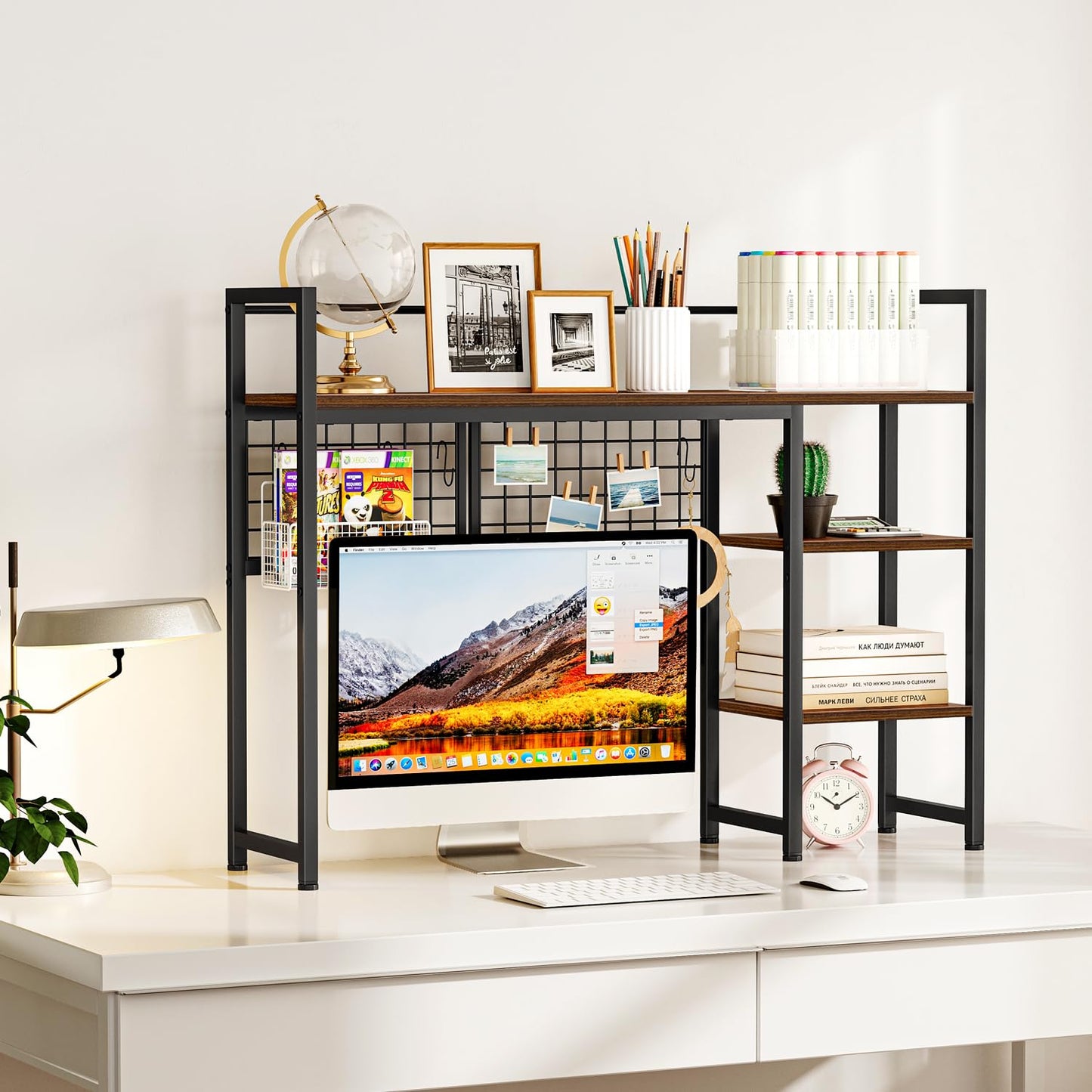 Snughome Desk Shelf, 38.6" Desktop Organizer Shelf, Desk Hutch for Computer Monitor, 4 Tier Desktop Display Rack with Pegboard Hooks Set, Wood Desktop Bookshelf for Home Office Dorm