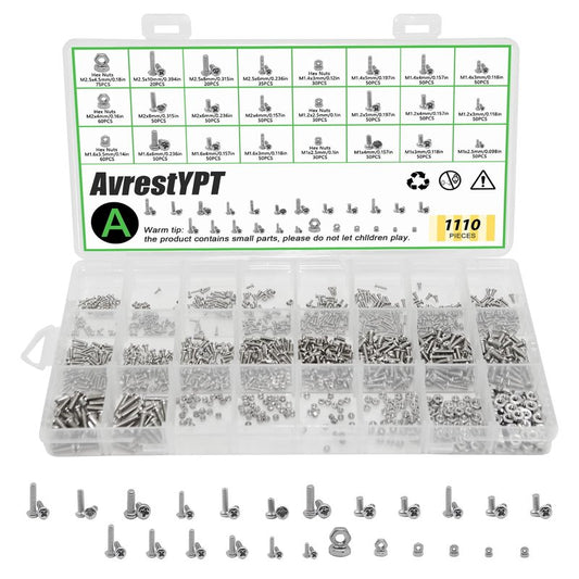 AvrestYPT 1110Pcs 304 Stainless Steel Metric Micro Screws Nuts Assortment, M1 M1.2 M1.4 M1.6 M2 M2.5 Sizes, Phillips Pan Head, Fully Threaded Kit for Arduino, RC Models, Electronics, DIY Projects