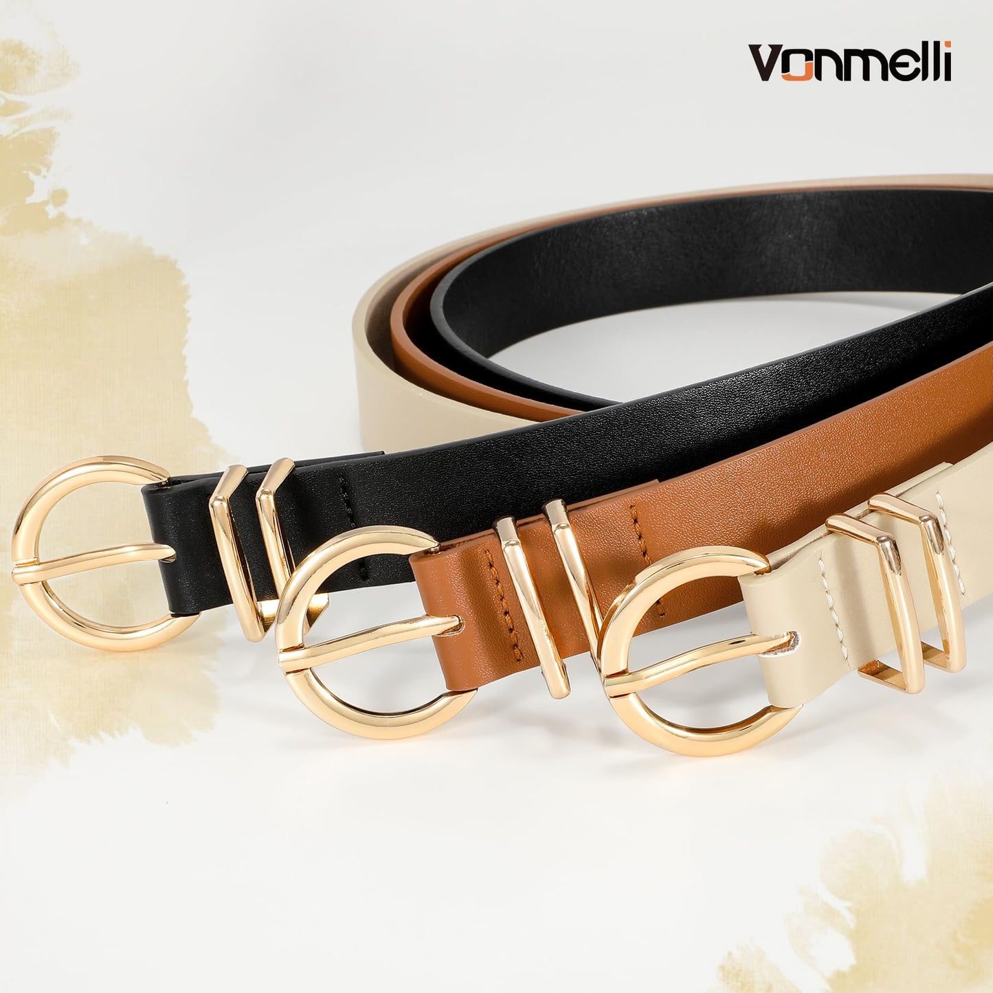 VONMELLI 3 Pack Women's Belts for Jeans Dresses Leather Belts for Women Ladies Waist Belt with Gold Buckle, Black Brown Beige M