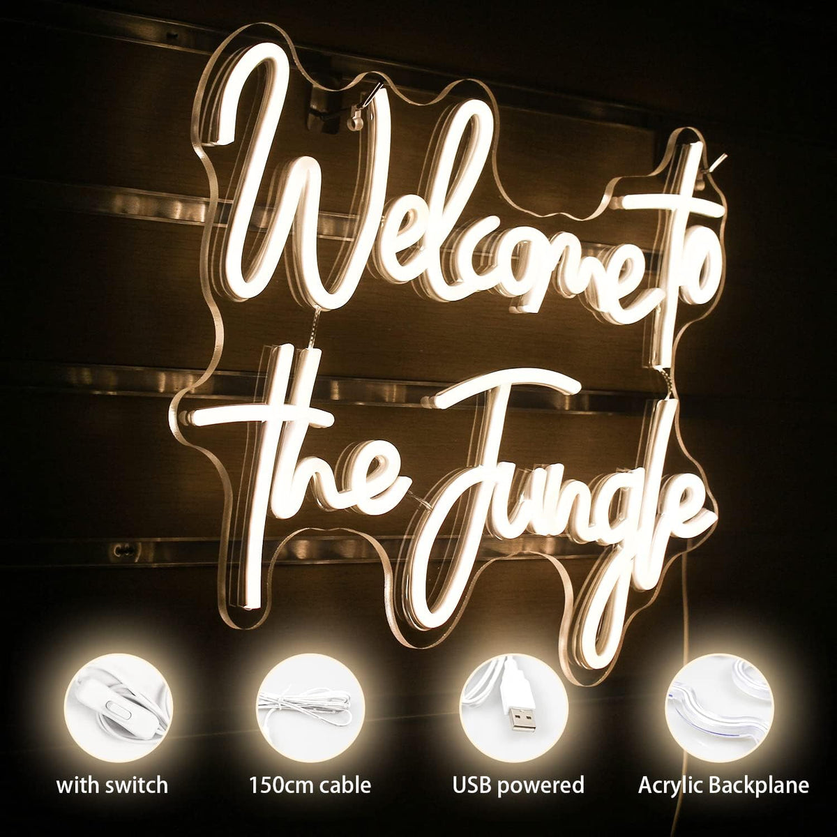 ineonlife Welcome to the Jungle Neon Sign Warm White Letter LED Neon Lights for Bedroom Wall Decor USB Powered Neon Signs for Room Decor Bar Party Wedding Engagement Wall Hanging Decoration