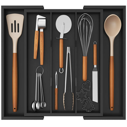 Lifewit Utensil Organizer for Kitchen Drawer, Expandable 13 to 22.4 Inches Wide, Adjustable Cooking Silverware Tray, Bamboo Cutlery Flatware Holder, Spatula Tools and Gadgets Storage Divider, Natural