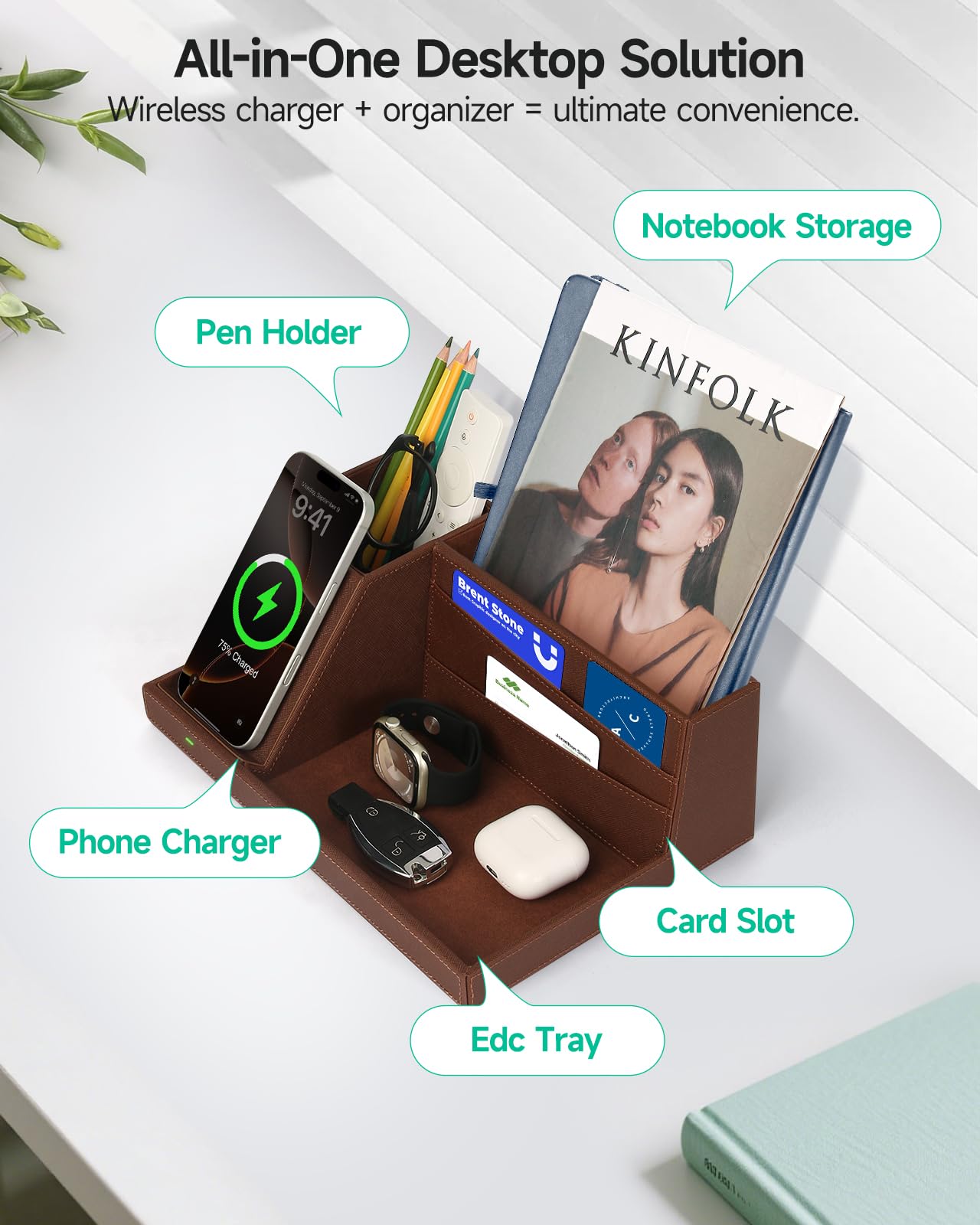 Fast Wireless Charging Station with Desk Organizer for iPhone 17/16/15/15 Pro/14/14 Pro Max/14 Pro/14 Plus/13/13 Pro Max/13 Pro/and iPhone 12/11 Series, Nightstand Desktop Organizer, Brown