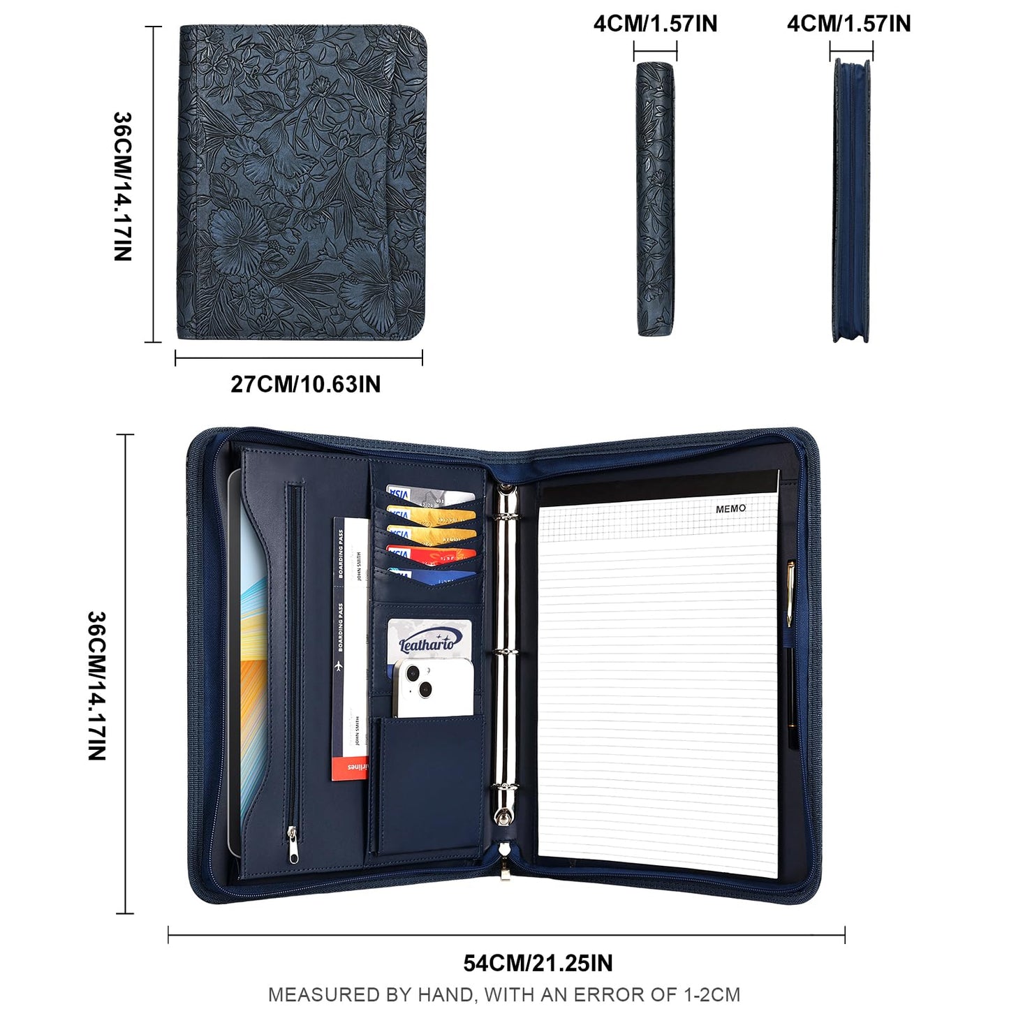 Leathario Portfolio Binder, Includes 5 Folder Index Dividers and 3 Notepads, 3-Ring Folder Organizer, Padfolio with Zipper, Vegan Leather Tablet Sleeve, Business Office Conference Clipboards