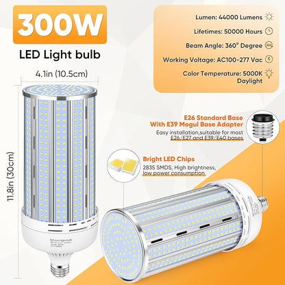 2 Pack 300W Corn LED Light Bulb Fanless,5000K Daylight(3000 Watt Equivalent) E26/E39 Large Mogul Base LED Cob Lamp 44,000LM for Outdoor Indoor Garage Warehouse Factory Workshop Street Backyard