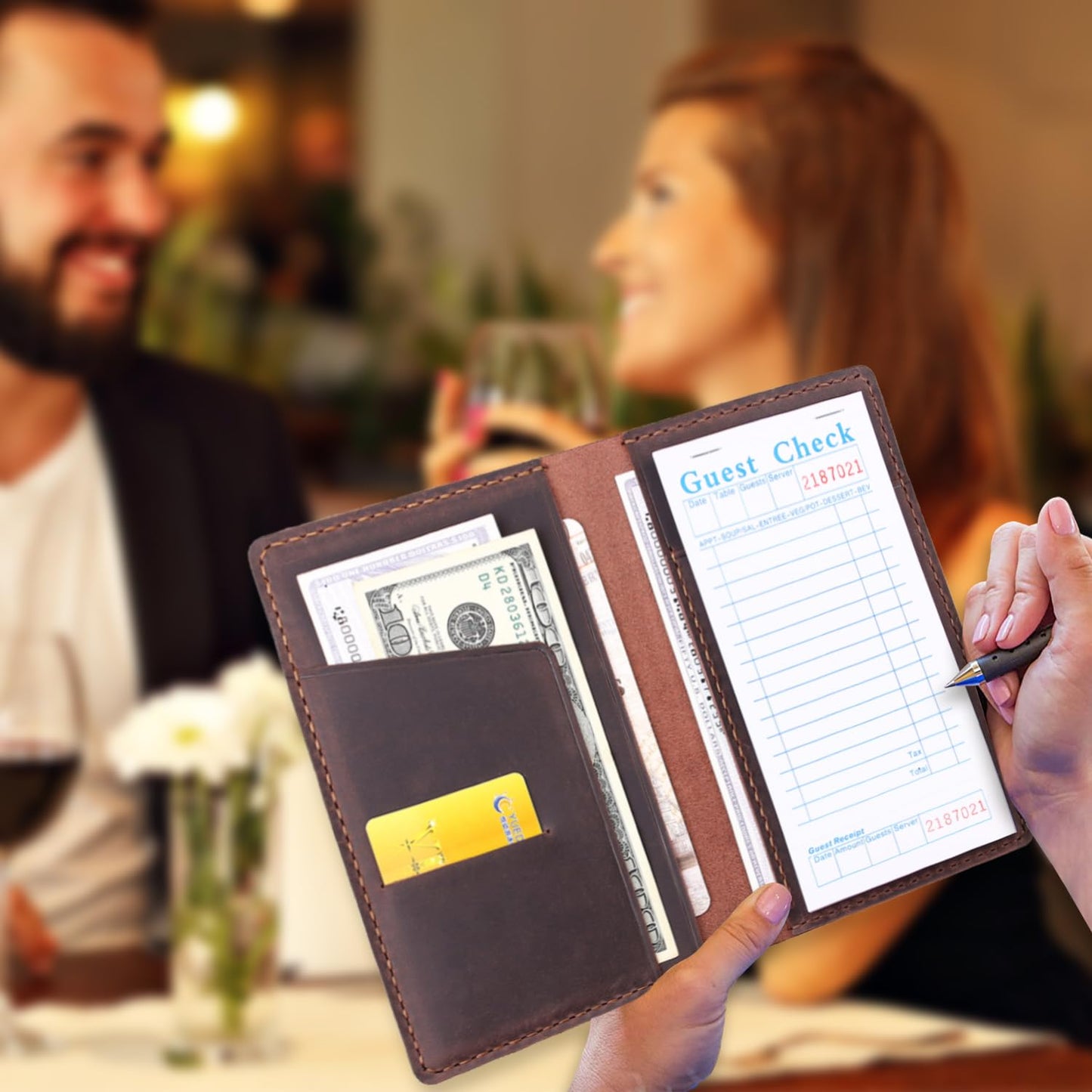 Fasjosma Server Books for Waitress,Leather Restaurant Guest Check Presenters Card Holder for Waitress,Restaurant Waitstaff Organizer with Money Pocket,Waiter Accessories Fit Server Apron-Coffee