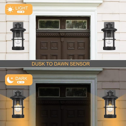 Outdoor Wall Sconces, Dusk to Dawn Outdoor Wall Lights, Exterior Wall Mount Lighting, Wall Light Fixture in Black Finish with Seeded Glass, 2 Pack, DDLTM-W-2Pack