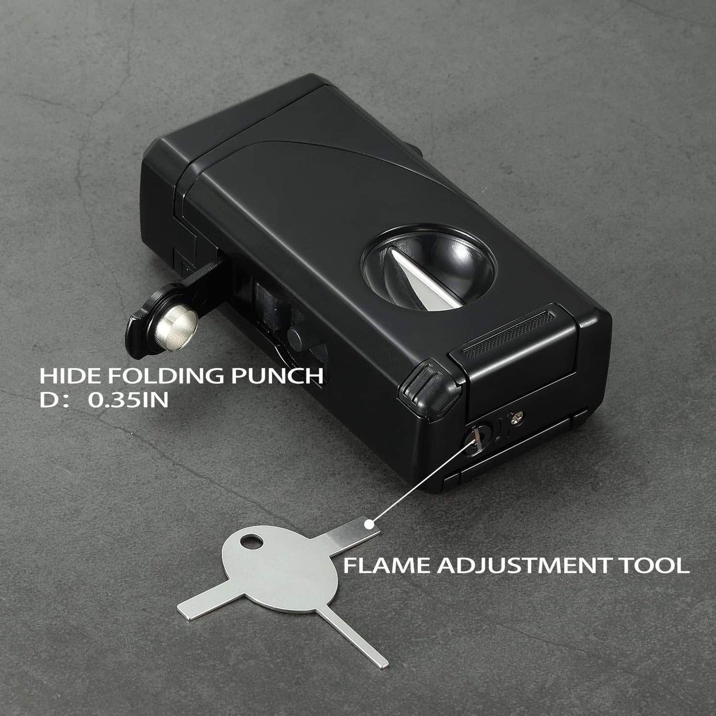 All in One Triple Jet Flame Butane Torch Lighter, Built-in Cutter, Cutter V Cut, Punch, Holder Function, Draw Enhancer Tool, Refillable and Adjustable Windproof Lighter. Black(Sold Without Gas)