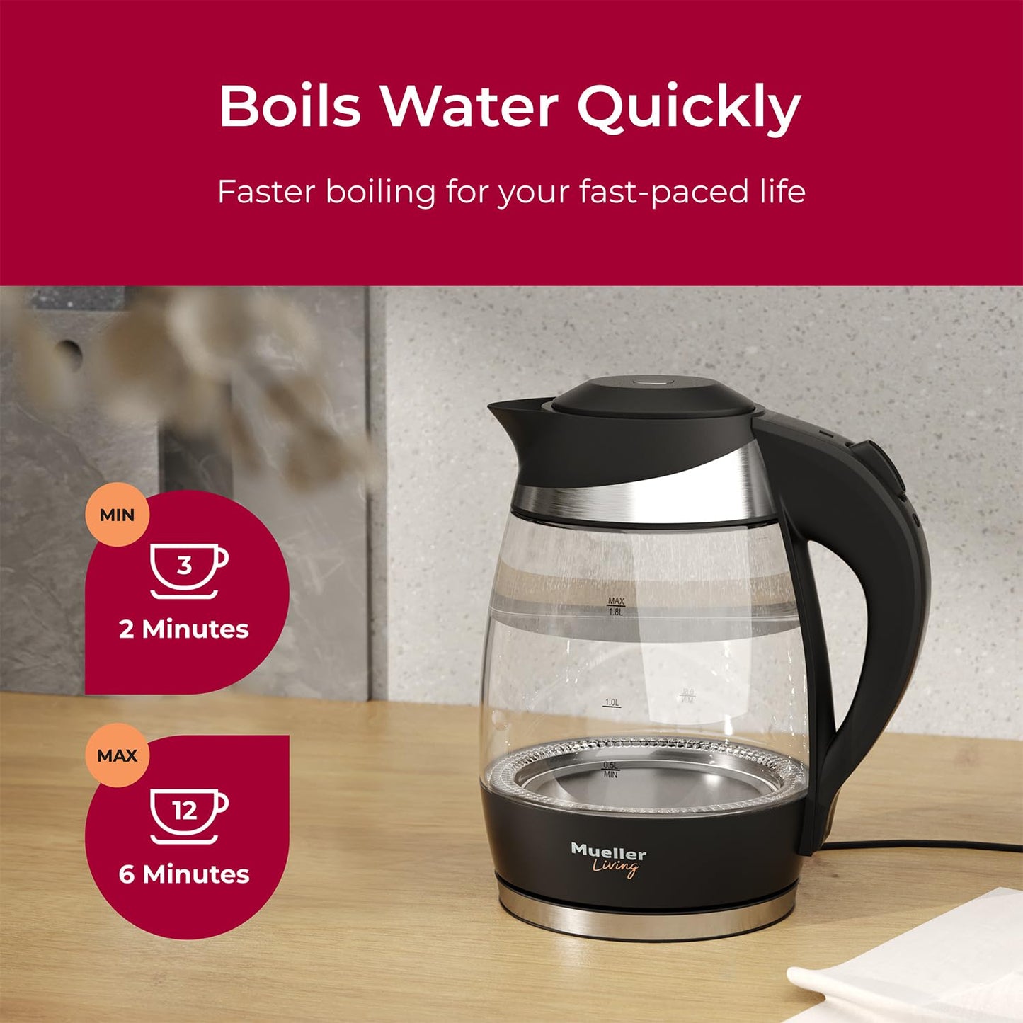 Mueller Living Electric Kettle, Electric Tea Kettle for Boiling Water, 1500W SpeedBoil with Automatic Shutoff, 1.8L Cordless with LED Light, Borosilicate Glass Tea Kettle Pot Water Heater, BPA Free