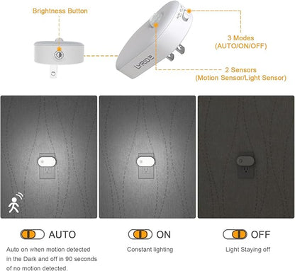 Lyridz Plug in Night Light with Motion Sensor, 120LM Superior Bright Smart Mini LED Nightlight, Cool White with Stepless Adjustable Brightness for Bathroom, Bedroom, Kitchen, Stairs, Hallway, 2 Pack
