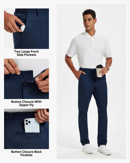Men's Classic Fit Stretch Golf & Dress Pants 32'' - All-Day Comfort Performance Pants for Travel, Business Casual & Work Royal Blue, 34W x 32L