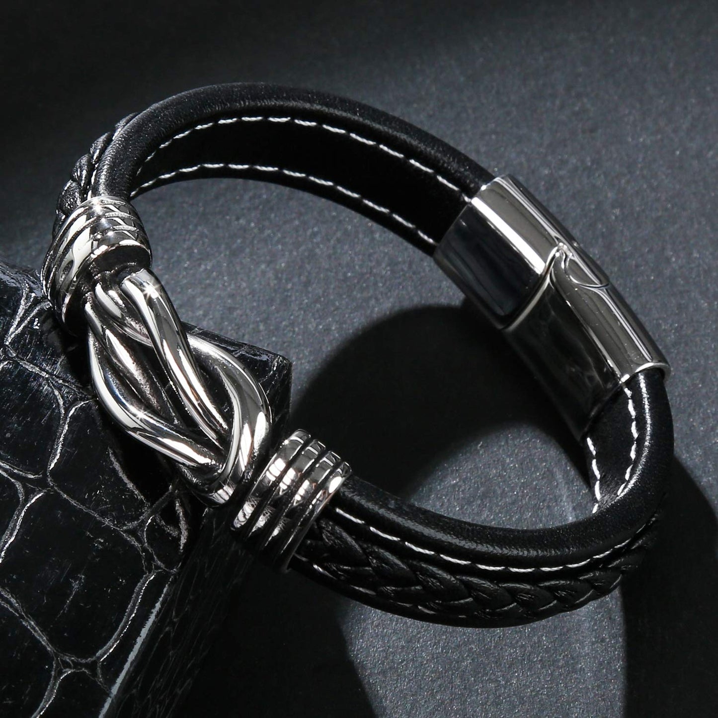 LJWVX Mens Leather Bracelet,Braided Leather Wristband Cuff Bracelets Stainless Steel Clasp,Jewellery Gift for Men Black 8.0inch