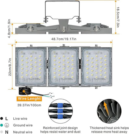 STASUN 150W 15000lm Dimmable LED Flood Light Outdoor, Flying Series Pro - 3 Panel 330° Lighting Angle, 6000K, IP66 Exterior Floodlights for Backyard, Stadium, Arena, Court, Commercial, Parking Lot
