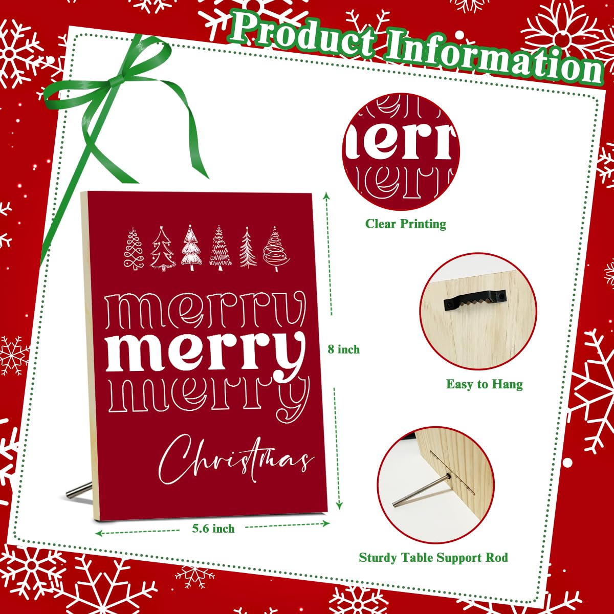 Merry Christmas Signs for Wall Decorations - Red Wood Tabletop Decor for Table, Desk, Mantle, Shelf - Wall Art for Party - Wood Hanging Signs for Kitchen - JK0383
