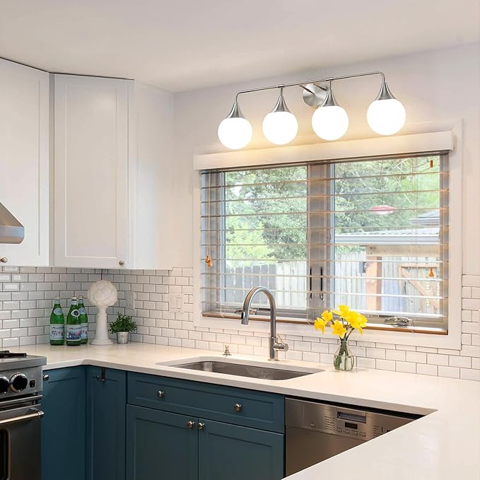 Bathroom Vanity Light Fixtures: 4 Lights Mid Century Modern Bathroom Lighting Fixtures Over Mirrors - Brushed Nickel Wall Sconce with Milky Glass Ball Shades for Bath Bedroom