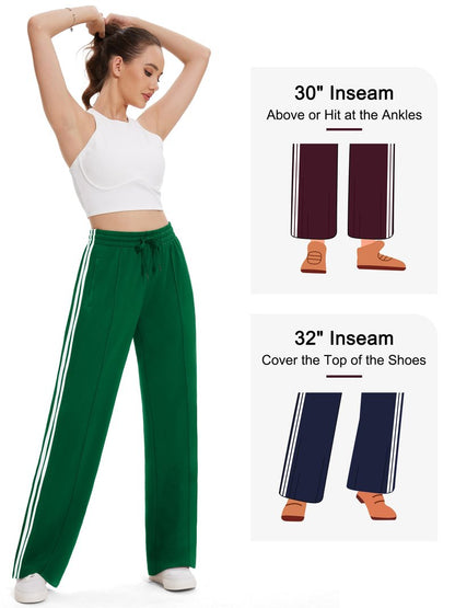 Tapata Long Women 32" Inseam Warm Up Track Pants Wide Leg Sweatpants Lightweight Side Stripe Ladies Slacks Workout, Green, XXL