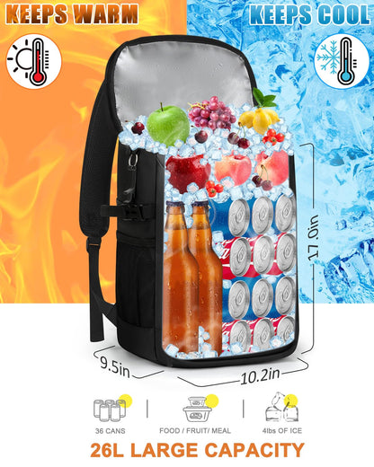 Capolo Cooler Backpack Insulated Waterproof for Women Men, Leak Proof Backpack Coolers Thermal Bag Soft Travel Cooler Bag Ice Chest Lunch Back Pack for Camping Picnic(Deep Black Leather,36 Cans)