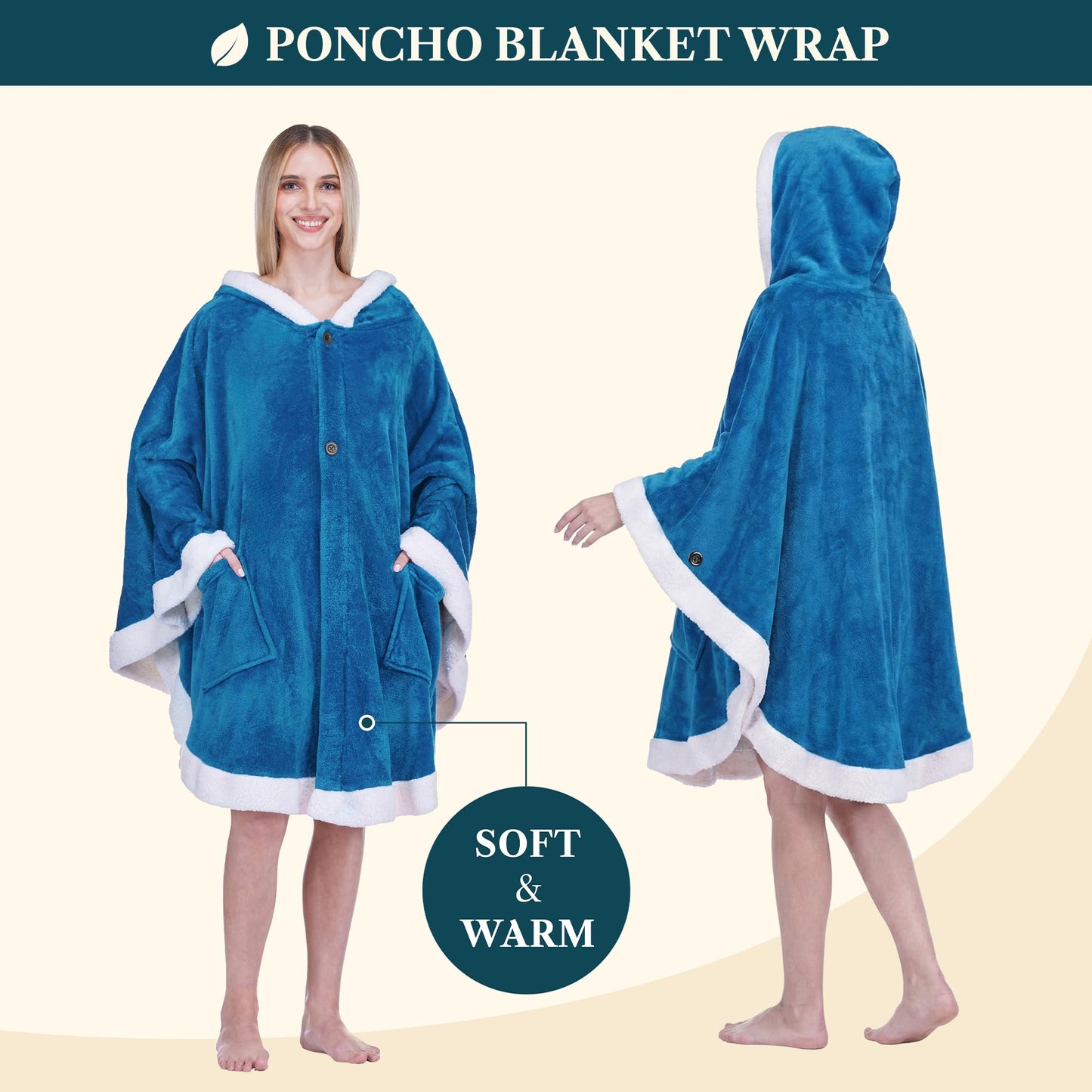 PAVILIA Hooded Blanket Poncho, Women Sherpa Fleece Shawl Wrap with Hood, Wearable Blanket Cozy Warm Poncho Cape Throw with Pockets, Gift for Elderly Mom, Turquoise Sea Blue
