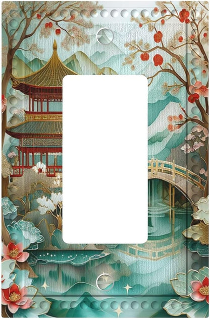 Asian Palace Traditional Bridge Cherry Blossoms Single Decora Outlet Wall Plate 1 Gang Rocker Decorative Switchplate Faceplate GFCI Light Switch Covers for Home Living Decor