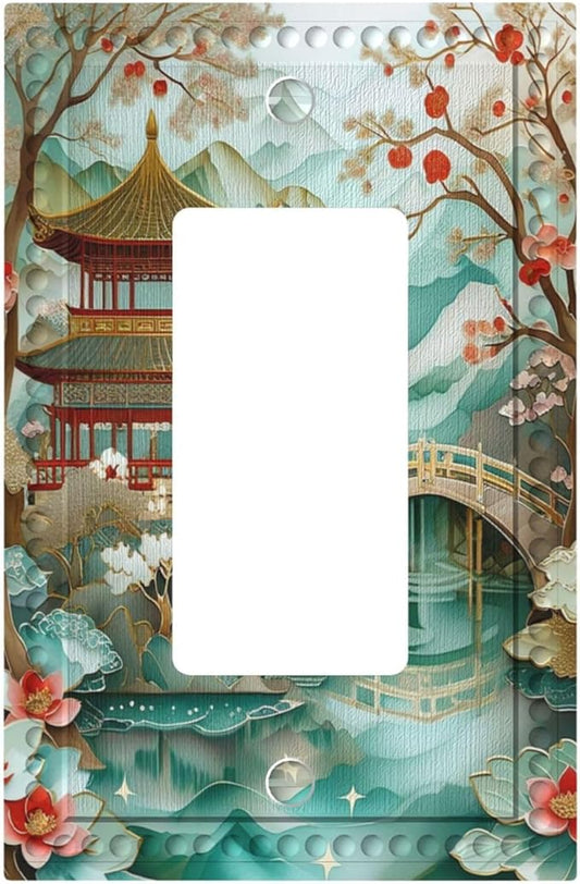 Asian Palace Traditional Bridge Cherry Blossoms Single Decora Outlet Wall Plate 1 Gang Rocker Decorative Switchplate Faceplate GFCI Light Switch Covers for Home Living Decor
