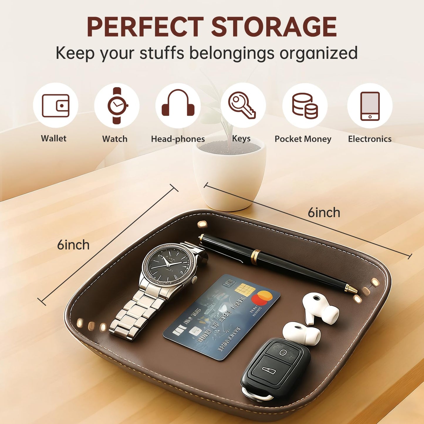 Genuine Leather Valet Tray-Handmade Brown Leather Catchall Organizer for Desk, Nightstand Bedside Desk & Entryway Table Storage Tray for Keys, Phone, Wallet, Coins, Jewelry for Women & Men