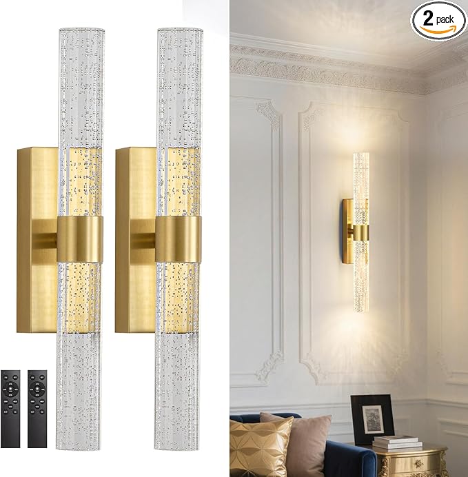 Battery Operated Wall Sconces Set of 2, Dimmable Wireless Wall Lights with Remote, 10000mAh Gold Rechargeable Wall Lamp for Bedroom, Living Room, and Hallway Decor, 15.7- Inch