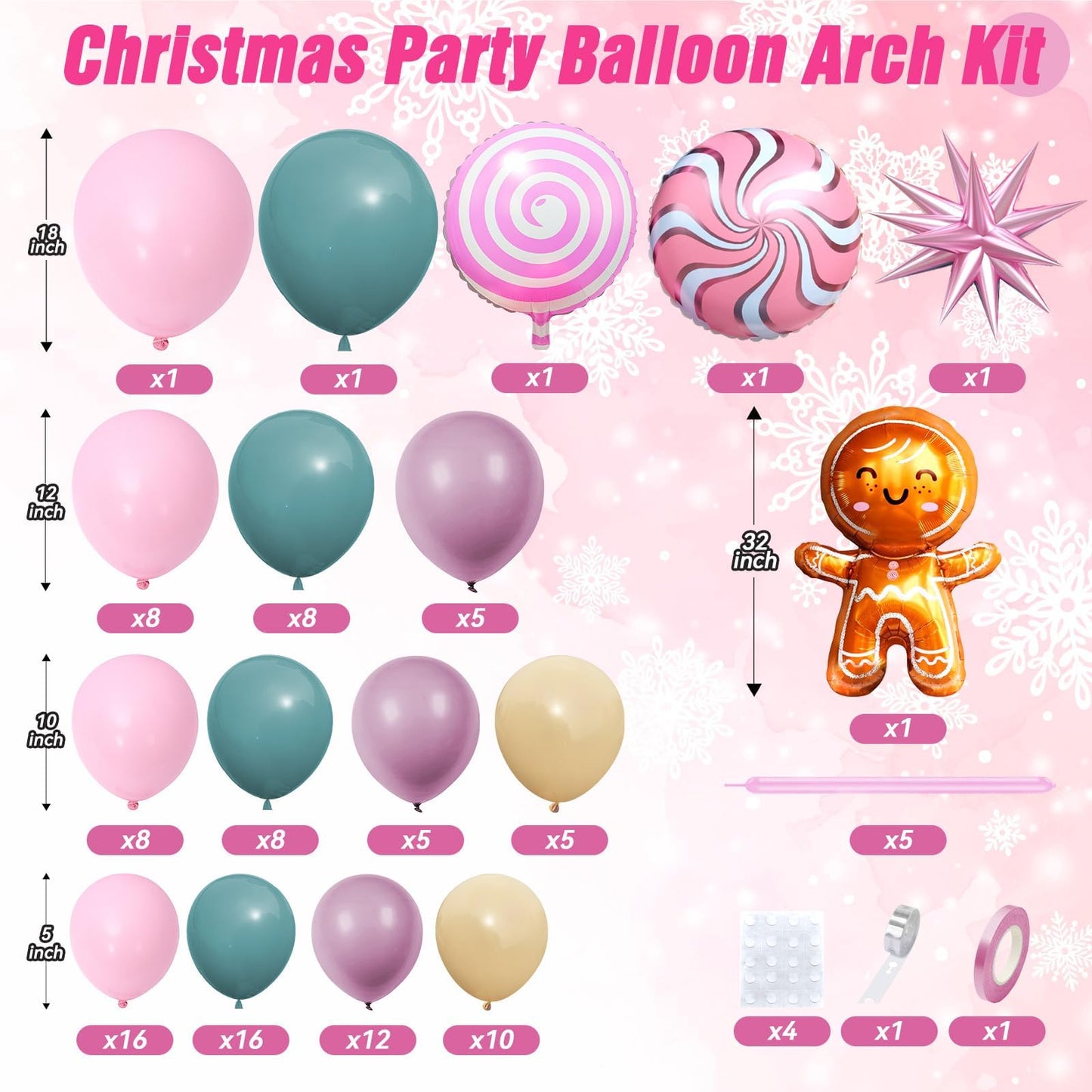Christmas Balloon Arch Kit, Sage Green Nude Pink Purple Balloons with Lollipop Candy Gingerbread Man Star Foil Balloons for Xmas Holiday Winter Birthday New Year Party Decorations