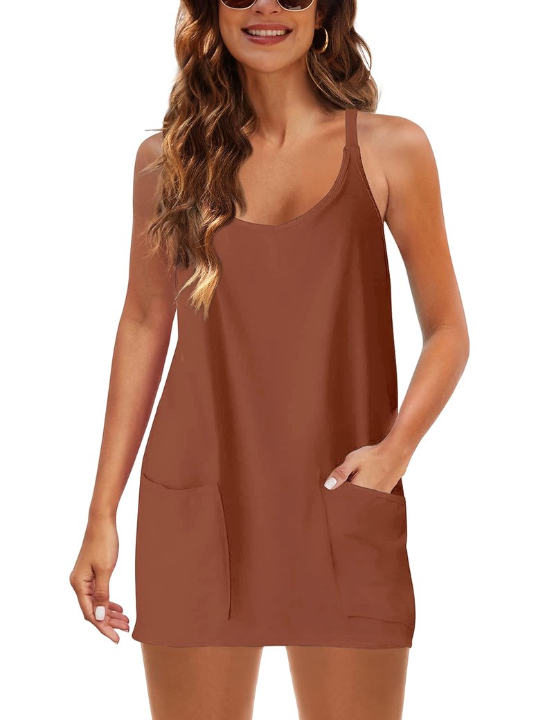 Lentta Womens Athletic Sleeveless Mini Dress with Built-in Shorts V Neck Spaghetti Strap Sundress(Rust-XL)