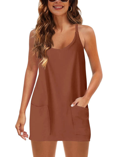Lentta Womens Athletic Sleeveless Mini Dress with Built-in Shorts V Neck Spaghetti Strap Sundress(Rust-M)