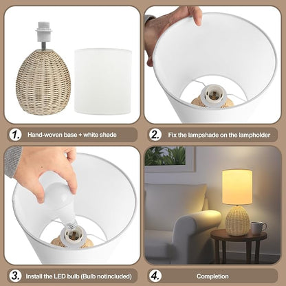 Boho Rattan Table Lamp - 3 Color Temperature, Handwoven Nightstand Lamp for Bedroom & Living Room
