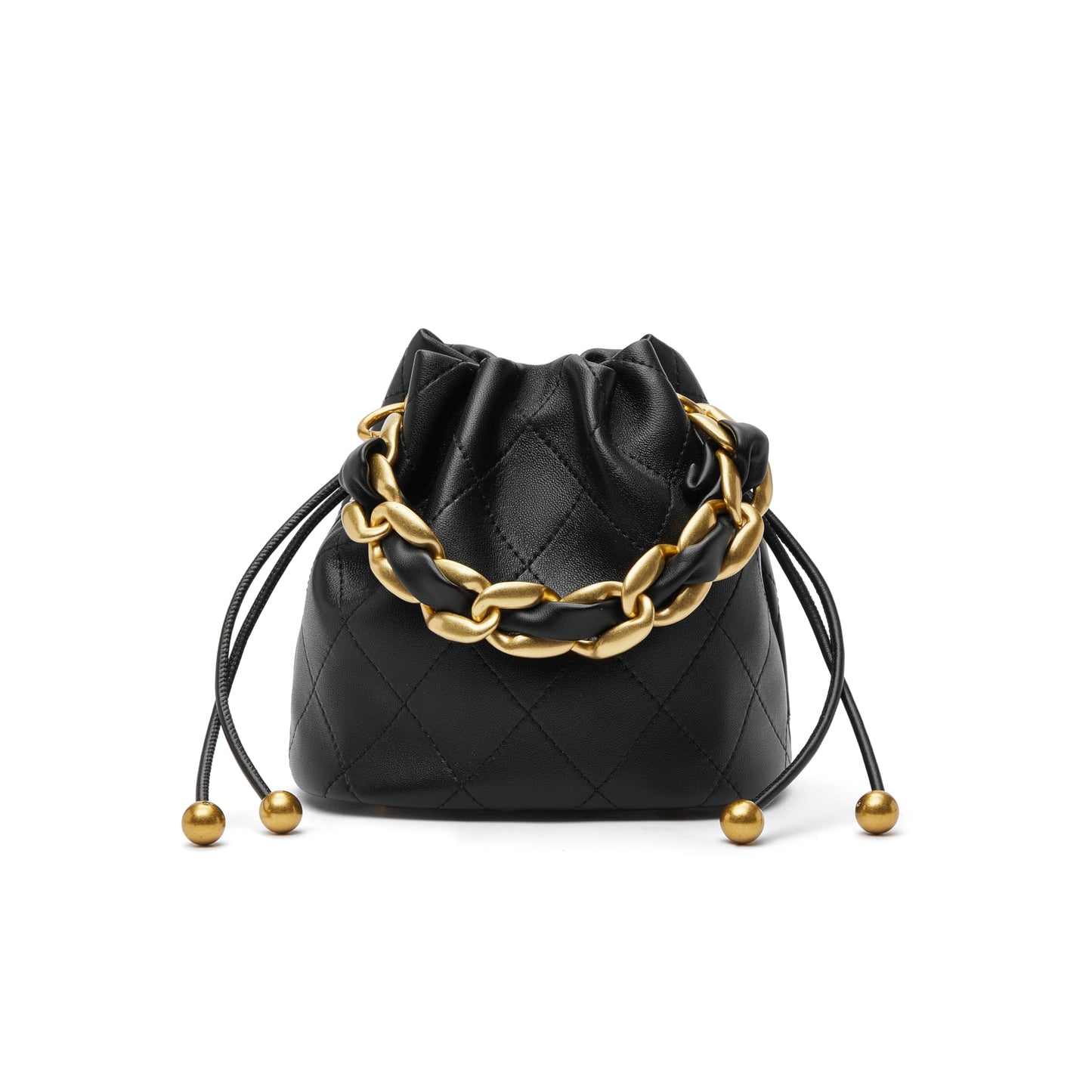DORIS&JACKY Small Top Handle Bucket Bag, Designer Lambskin Drawstring Crossbody Purse with Chunky Chain Tote Strap (1-Black)