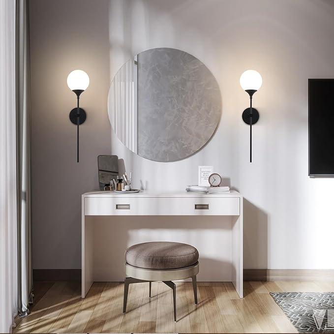 KCO Lighting Farmhouse Matte Black Wall Sconce Set of 2 Vintage Milk White Glass Globe Wall Light Mid Century Modern Bathroom Vanity Light Set of Two Industrial Bar Wall Lamp