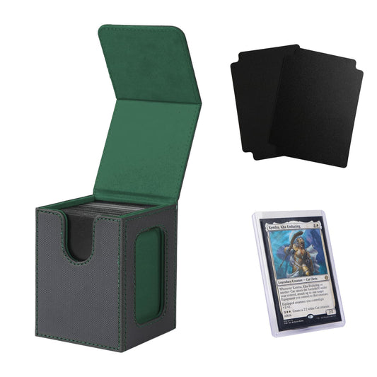 Venssu MTG Deck Box for Commander Display,Card Deck Box Fits 100 Double Sleeved Cards,TCG with 2 Dividers and 1 Toploader (Black＆Green)