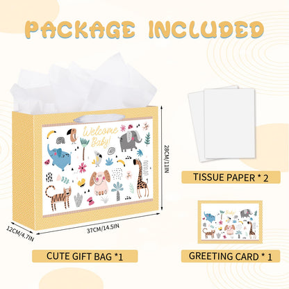 woric 14.5" Baby Gift Bag for Baby Shower with Tissue Paper and Greeting Cards for Boys Girls Birthday Party(Cute Animals)