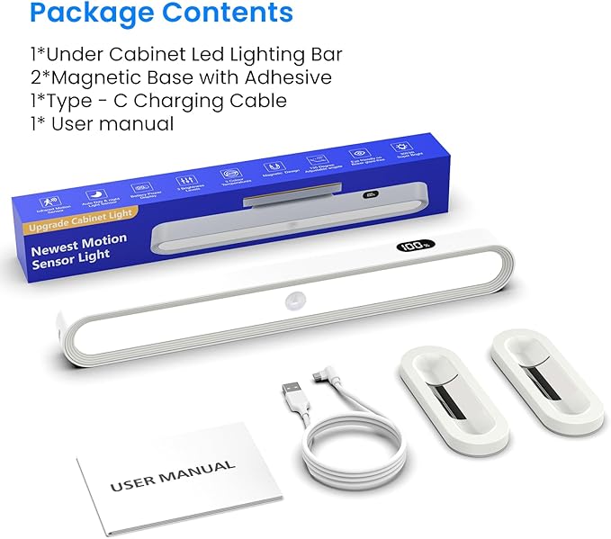 Under Cabinet Lighting Battery Operated 3000mAh Rechargeable,New Closet Motion Sensor Lights Indoor, Power Display 3 Color Temps Dimmable 300LM Magnetic Light Bar for Kitchen Counter(White)