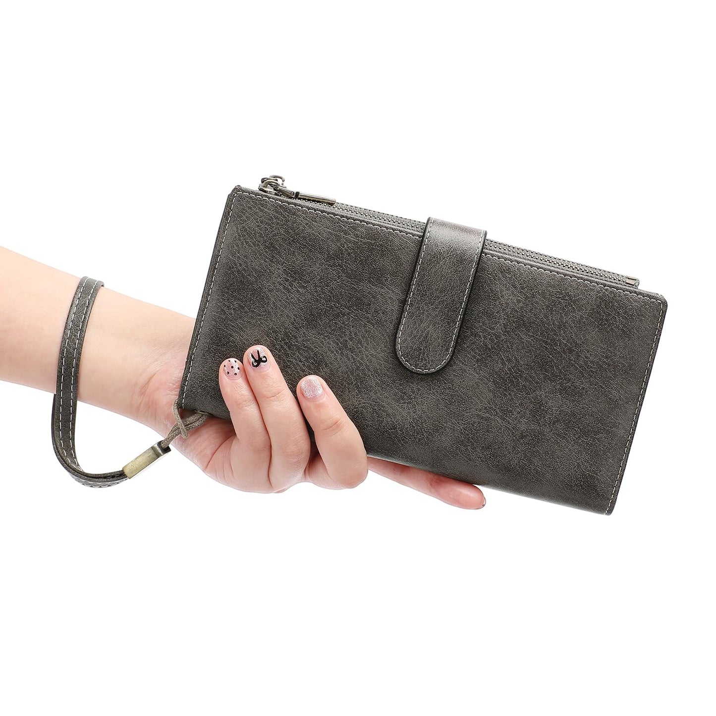 GOIACII Wallet for Women Large Wristlet Purse Trifold Clutch Grey