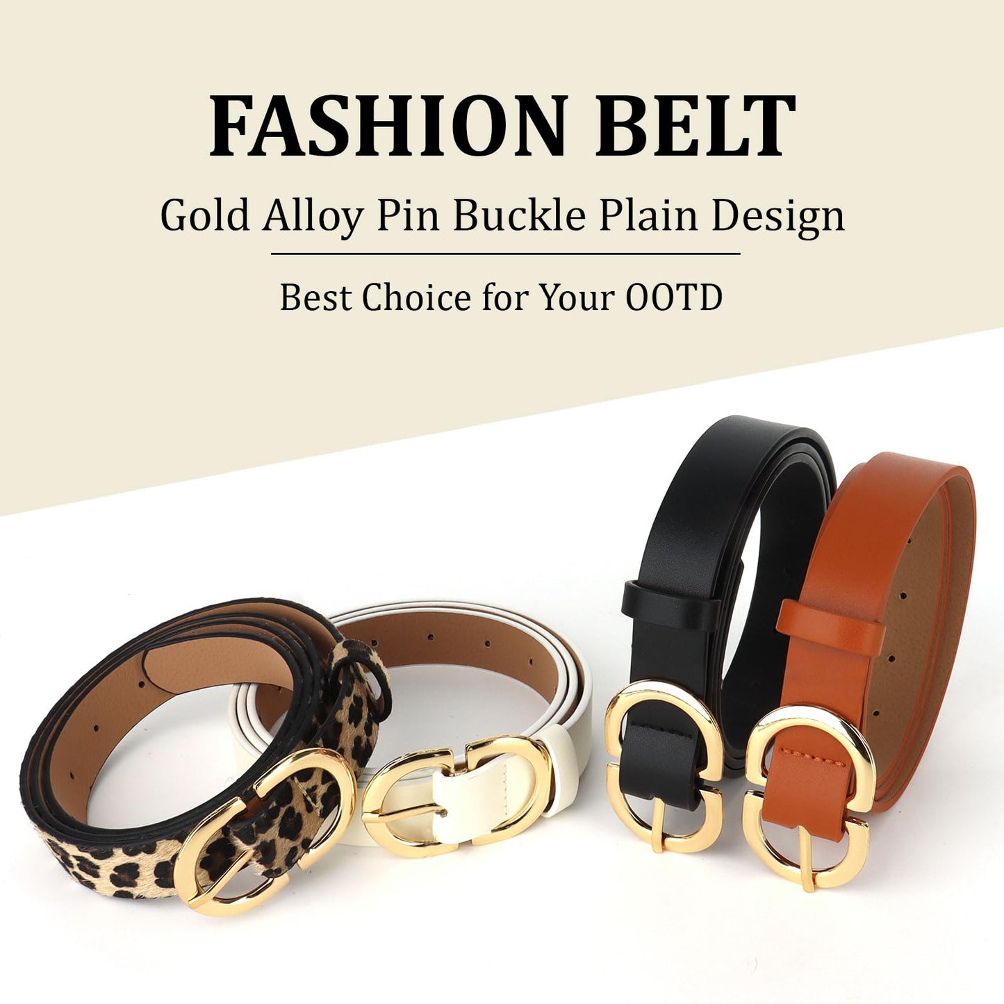 YARIEW 4 Pack Small Leather Belts for Women - Leopard Print Fashion Belt for Jeans, Pants, Dresses - Gold Buckle Waist Belt - Gifts for Ladies